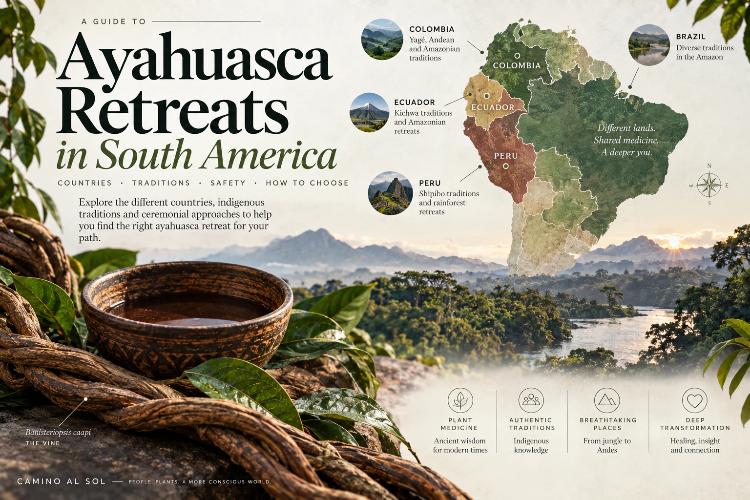 Illustrated guide comparing ayahuasca retreat traditions in Colombia, Peru, Ecuador, and Brazil