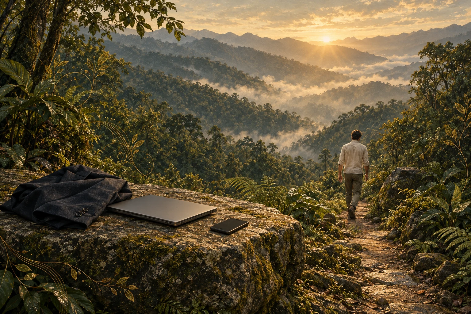 A person leaving a jacket, closed laptop and phone behind while walking into the Colombian mountains