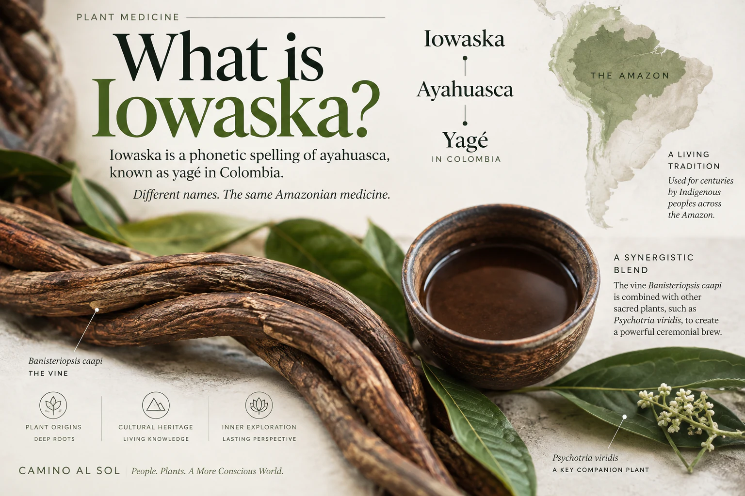 Illustrated overview explaining that iowaska is a phonetic spelling of ayahuasca and is known as yagé in Colombia
