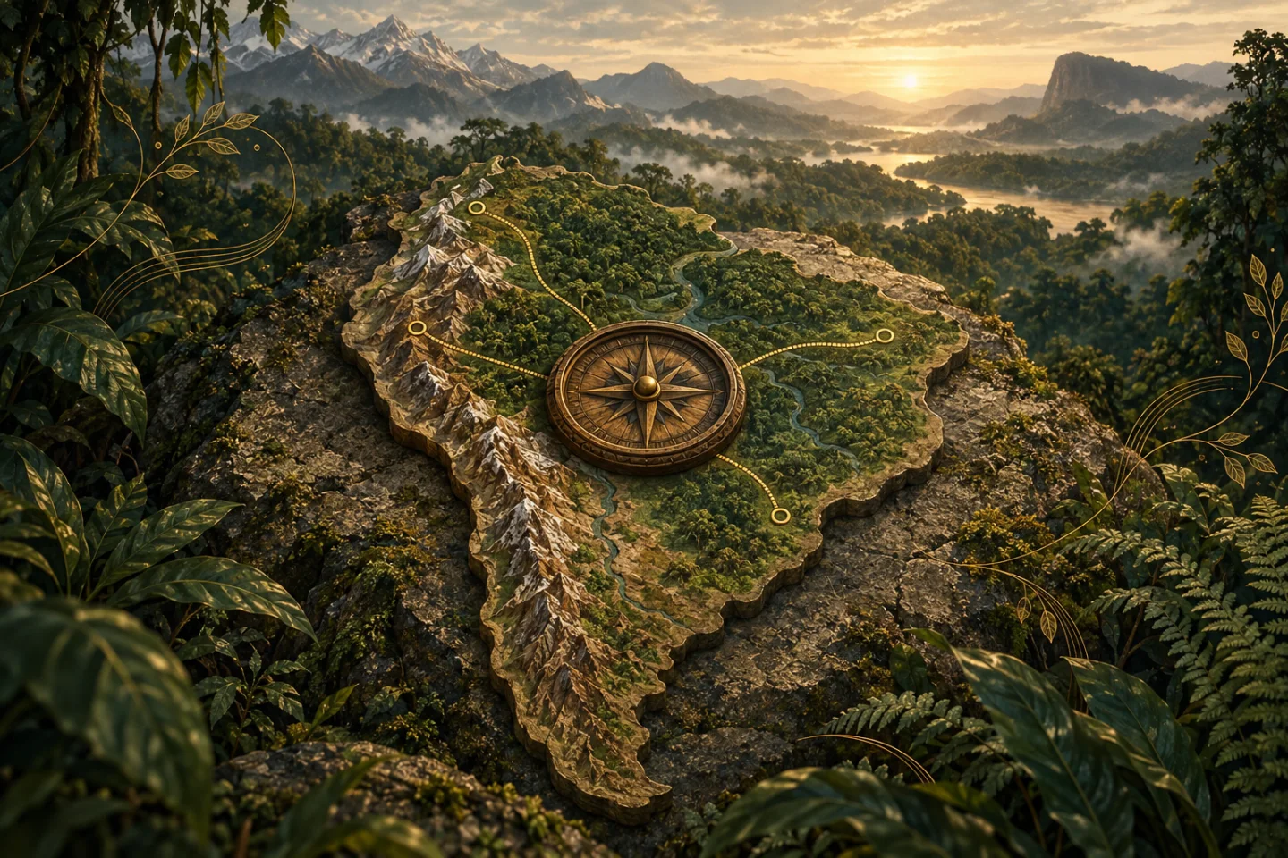 Relief map of South America with the Andes, Amazon rainforest, compass, and four retreat comparison routes